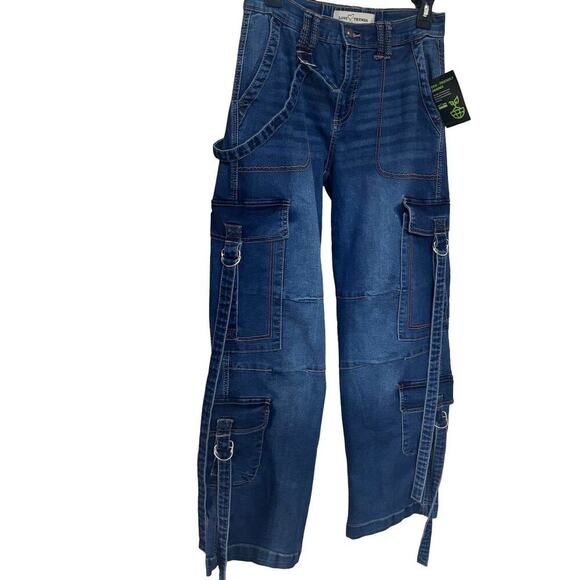 ECO FRIENDLY STRAPPY CARGO JEANS PANTS LOVE TREND Y2K NWT 27-30" - Picture 3 of 8